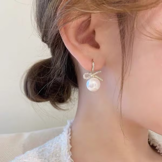 Unique Bow Tie Sparkling Pearl Earrings